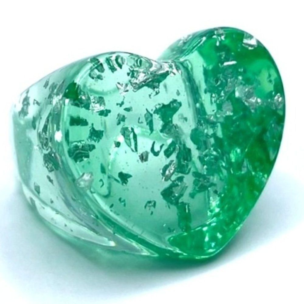 Green Acrylic with Embedded Silver Leaf Heart Shape Chunky Ring Size 8